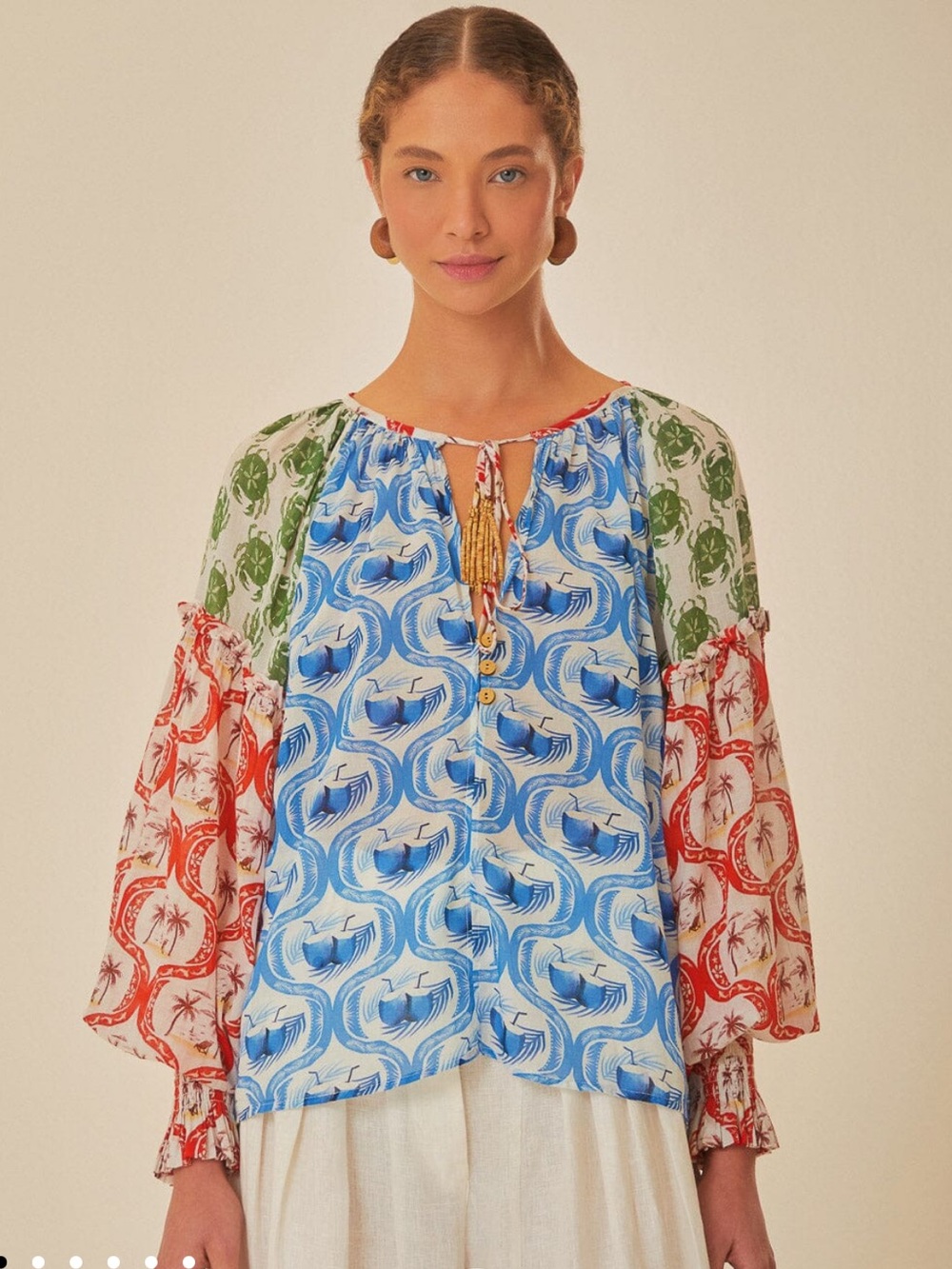 Farm Rio Summer Mix Muliticolor Blouse Beaded Tassel Peasant Balloon Sleeve Euro